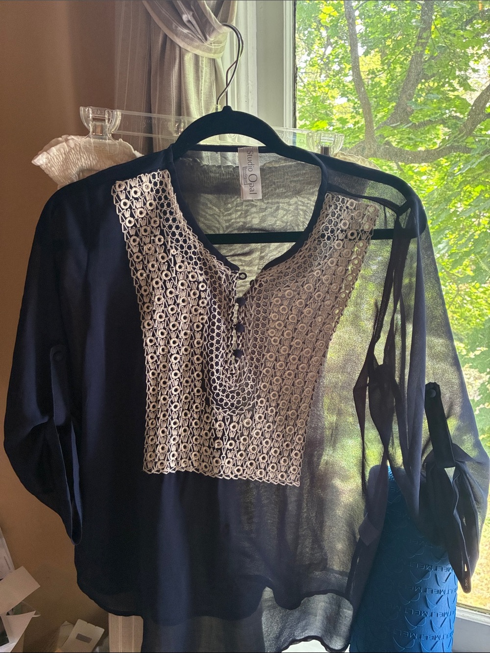 Sheer Navy Lace-Front Women's Blouse